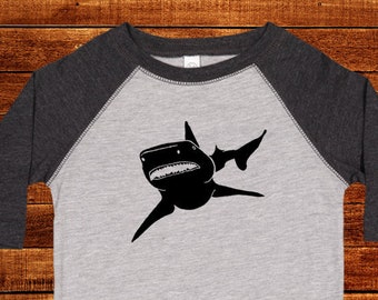 Shark - Shark Ocean Shirt for Boys or Girls Raglan 3/4 Long Sleeved T Shirt - Tee Baseball Sleeve Great Science Math STEM Sea Kids Tee