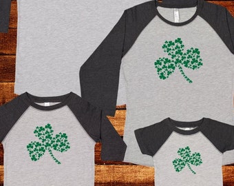 St Patricks Day Shamrock Green 4 Leaf Clover Shirt - Saint Patricks Family Matching TShirts Baseball Raglan Sleeves Kids Adult Baby Boy Girl