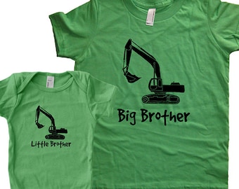 Big Brother Shirt / Little Brother Matching Shirt Set - Brothers T Shirt Gift Set - Baby Shower / New Baby Present - Digger Backhoe Back hoe