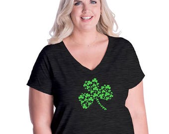 Womens St Patrick's Day Plus Size V Neck Shirt - Shamrock - Womens Tee Shirt - Saint Patricks Day Womens Ladies T Shirt - Gift Friendly