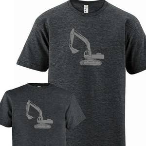 May include: Two heather gray t-shirts with a gray outline of an excavator on the front. The larger shirt has a larger excavator graphic.