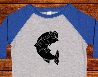 Fishing - Bass Fish Shirt for Boys or Girls Raglan 3/4 Long Sleeved T Shirt - Tee Baseball Sleeve Great Fishing Gone Fishin Fish Kids Tee