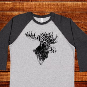 Moose Antlers Christmas   - Moose Adventure Outdoor Camping Hiking Design on Mens Long 3/4 Sleeve Shirt Raglan Black or Blue Sleeves Gift