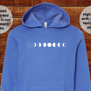 May include: A blue hoodie with a white graphic of the phases of the moon across the chest. The hoodie has a front pocket and a hood. The text "sunshine mountain tees" is at the bottom.