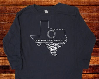 Total Solar Eclipse Long Sleeved Shirt - Texas Outline Path of Totality April 8 2024 Viewing Party Watch Sun Moon Men Women Kids Youth Adult