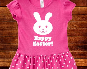 Happy Easter Dress - Easter Bunny Basket Dress Girls Spring Easter T Shirt Dress - Pink Top w Polka Dot Skirt Easter Dress Toddler 2T 3T 4T