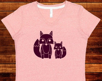 Camiseta de mujer con cuello en V y diseño de zorros, suave, color turquesa, azul y rosa, tallas S, M, L, XL y 2XL, para ella, animales y criaturas del bosque