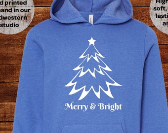 Merry and Bright Christmas Tree Sweatshirt Hoodie Hooded Long Sleeved 2T 3T 4T 5T Youth S M L Adult S M L XL Toddler Boy Girl Dad Mom Family