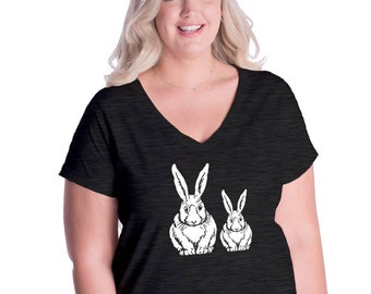 Womens Easter Plus Size V Neck Shirt - Bunnies Rabbit - Womens Tee Shirt - Easter Bunny Curvy Vee Womens Ladies T Shirt - Gift Friendly