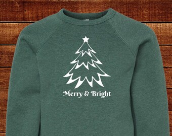 Christmas Tree Merry Bright Sweatshirt Gray or Green Long Sleeved 2T 3T 4T 5T Youth S M L Adult S M L XL Toddler Boy Girl Dad Mom Family