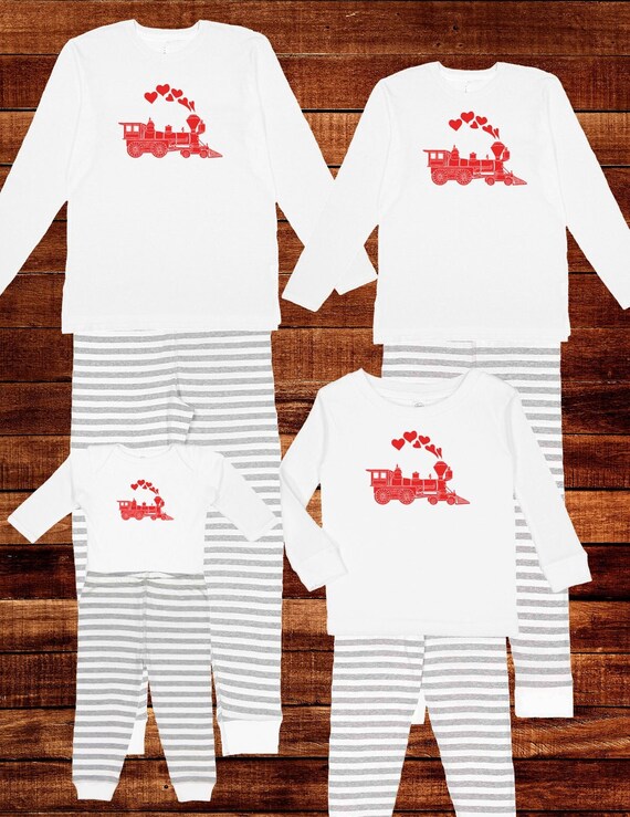 Fathers Day Pajamas Train Engine with Hearts pajama Fathers Day Day Matching PJ Men Women Boy Girl Child Kid Matching Pjs Valentines Gift