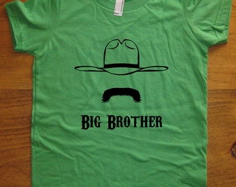 Big Brother Shirt - 6 Colors Available - Kids Big Brother Cowboy Mustache T shirt Sizes 2T, 4T, 6, 8, 10, 12 - Gift Friendly