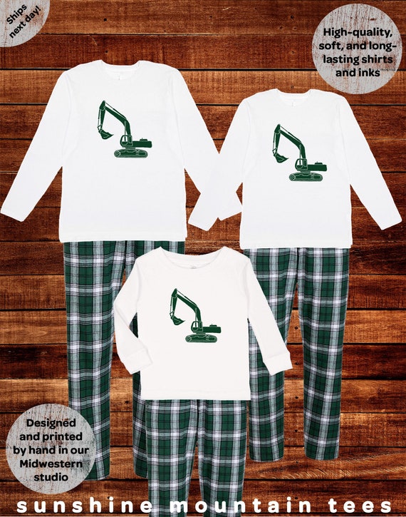 Digger Excavator Pajamas Green Flannel Plaid Family Pajamas Truck Construction Fathers Day Set Mom Dad Men Women Teen Pjs Pajama Christmas