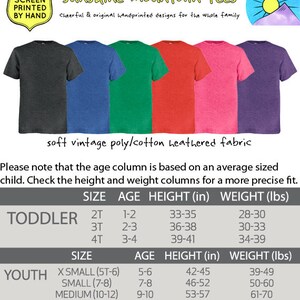 May include: A selection of colourful t-shirts in shades of grey, blue, green, red, pink, and purple. The shirts are made of soft vintage poly/cotton heathered fabric. The image includes a size chart for toddlers and youth, with height and weight measurements in inches and pounds.