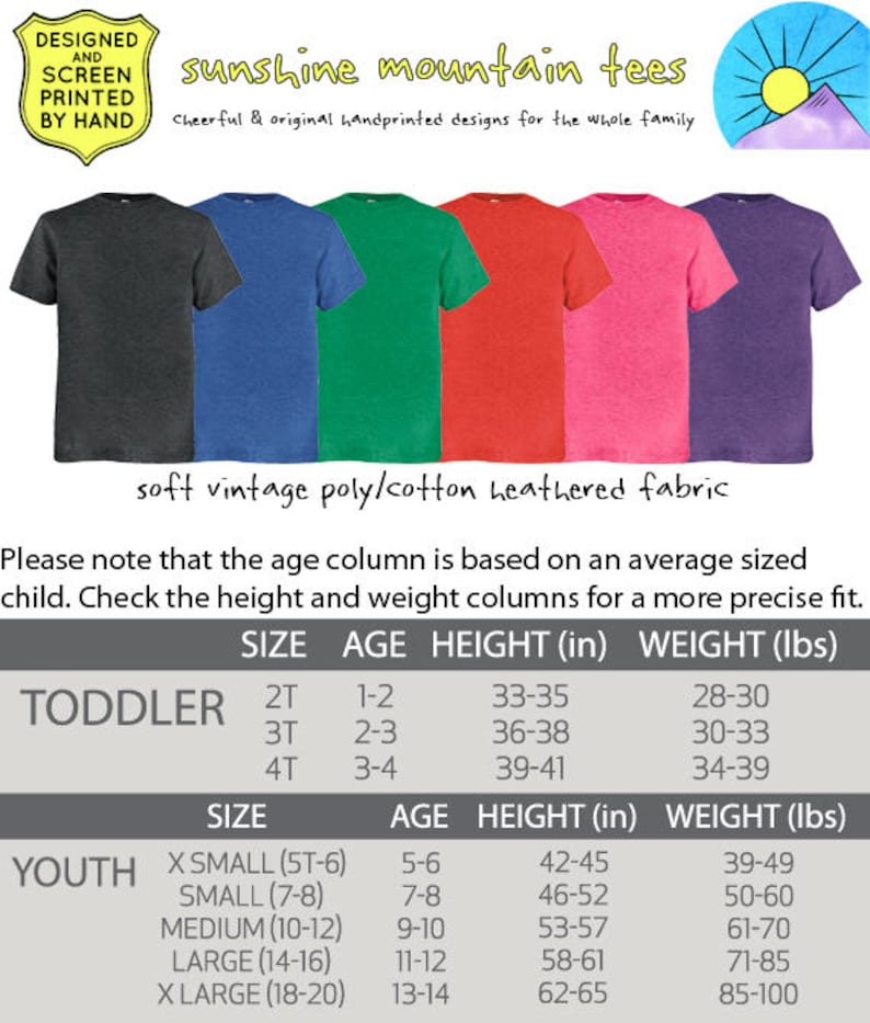May include: A selection of colourful t-shirts in shades of grey, blue, green, red, pink, and purple. The shirts are made of soft vintage poly/cotton heathered fabric. The image includes a size chart for toddlers and youth, with height and weight measurements in inches and pounds.