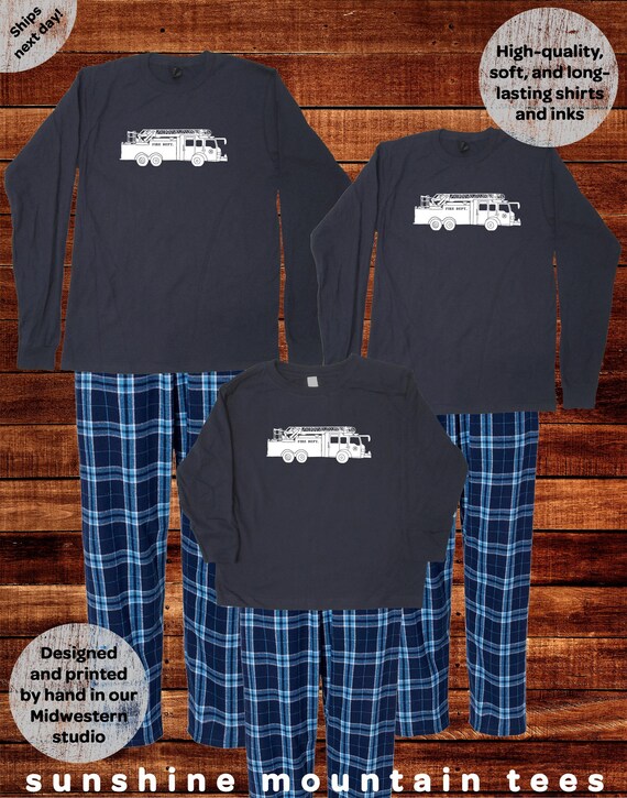 Fathers Day Pajamas Family Matching Pajamas Firetruck Fire Engine Set Matching PJ Men Women Navy Blue Flannel Plaid Matching Pjs Set Dad Etsy Canada
