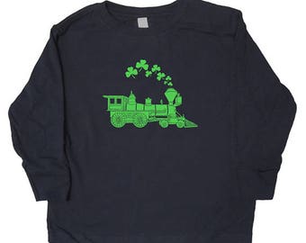 St. Patrick's Day Train Shamrocks Shirt - Long Sleeved w Green Ink - Kids Long Sleeved Shirt for Girls or Boys - Saint Patrick's Day