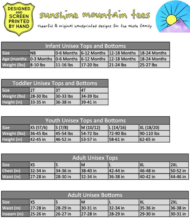 Może przedstawiać: Tabela rozmiar&oacute;w dla unisexowych top&oacute;w i spodni w rozmiarach niemowlęcym, dziecięcym, młodzieżowym i dorosłym. Tabela zawiera wymiary wagi, wzrostu, klatki piersiowej, talii i długości nogawki w funtach i calach.