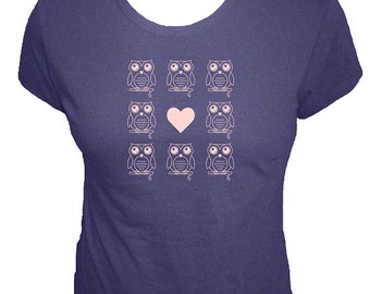 Womens Owl and Heart Shirt - Cute Owl Tshirt - Womens Organic Bamboo and Cotton Ladies Shirt - Gift Friendly - Great gift idea for her