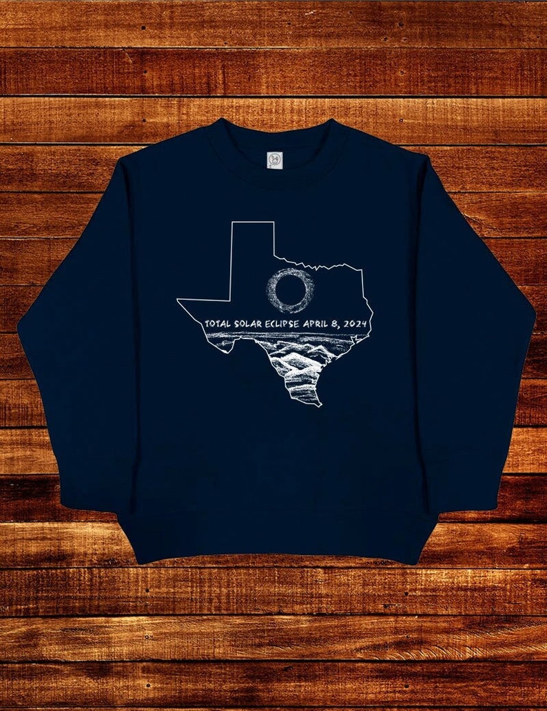 Total Solar Eclipse April 8 2024 Sweatshirt Kids / Girls or Boys Long Sleeved Navy Blue Fleece Shirt Gift Friendly Texas Party Watch image 1