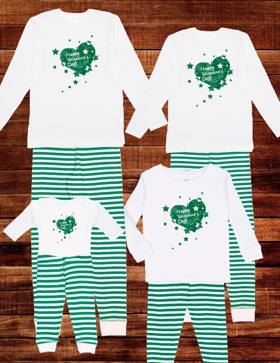 Happy Valentines Day Pajamas Green Striped Heart Pajama Set