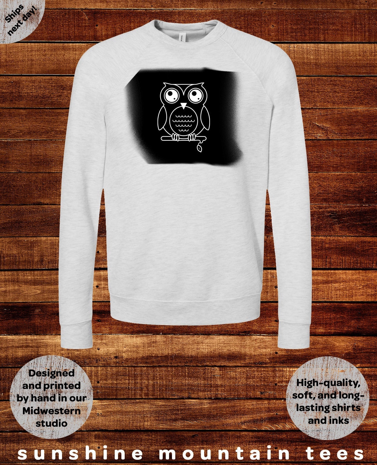 Owl Woodland Bird Sweatshirt Gray & Black Long Sleeved Adult S M L XL Men Women Mom Adult Teen T