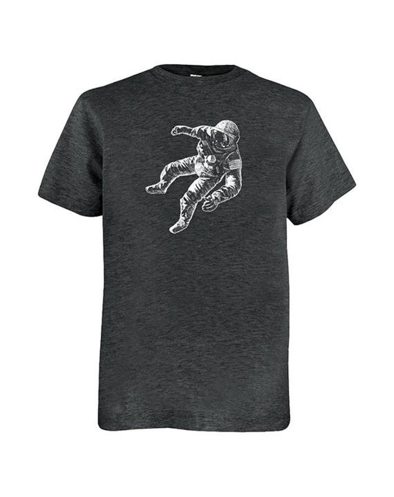 May include: Dark grey t-shirt with a white illustration of an astronaut in a spacesuit. The astronaut is depicted floating in space. The t-shirt is made of a soft, comfortable material.