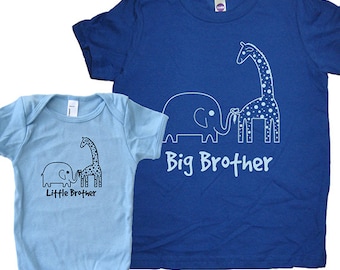 Big Brother Shirt / Little Brother Matching Shirt Set - Brothers T Shirt Gift Set - Baby Shower New Baby Present - Elephant Giraffe Twinning