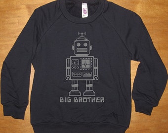 Big Brother Robot - Sweatshirt - Big Brother Shirt - Long Sleeved Shirt Navy Blue - Fleece 2T, 8, 10, 12  - Gift Friendly