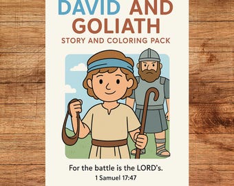 May include: A cream-colored coloring pack with the title "DAVID AND GOLIATH" in blue and brown. The illustration depicts David holding a sling and Goliath standing behind him. The text "STORY AND COLORING PACK" is below the title. The bottom of the pack includes a Bible verse.