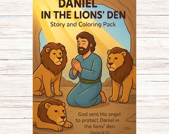 May include: A coloring pack titled "Daniel in the Lions' Den" features an illustration of Daniel praying, surrounded by lions. The cover has text that reads "Story and Coloring Pack" and a Bible verse. The artwork is in warm tones.