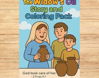 Historia bíblica del aceite de la viuda y páginas para colorear para niños (descarga digital)