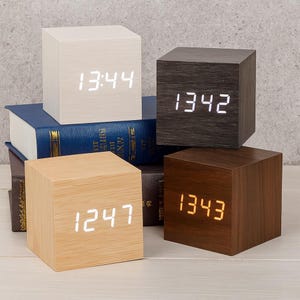 Minimalist Wooden Cube Digital Clock – LED Display, Modern Bedside Alarm, Stylish Home Décor Gift