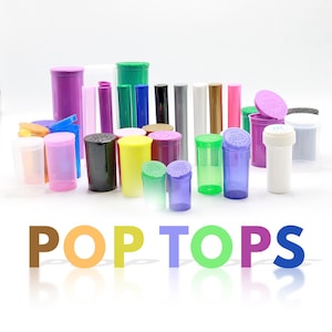 May include: A selection of multi-coloured plastic pop top containers in various sizes and shades, including purple, green, yellow, and clear. The word "POP TOPS" is displayed in large, colourful letters at the bottom of the image.