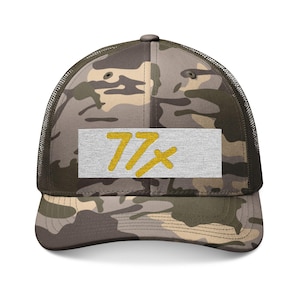 Camo Trucker Hat - 77X Embroidered Christian Hat Faith Based Adjustable Snapback Cap