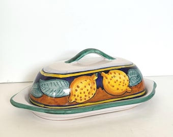 Plato de mantequilla de Corso di Fiori Italia / Diseño azul limón y colbalto / Cerámica italiana