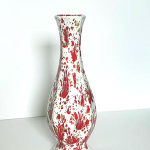 Studio Pottery Vase | White Ceramic Bud Vase, Red Green Splatter Glaze