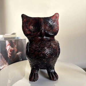 Studio Pottery Owl Sculpture - Textured Black/Deep Red Handmade Organic Finish
