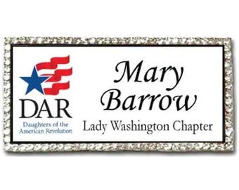 DAR Daughters of the American Revolution Custom BLING Crystal Edges personalized Name Badge with a MAGNET Fastener