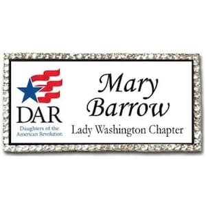 May include: A rectangular name badge with a silver glitter border. The badge features the text "Mary Barrow, Lady Washington Chapter" in black script. The DAR logo, with a blue star and red stripes, is on the left.