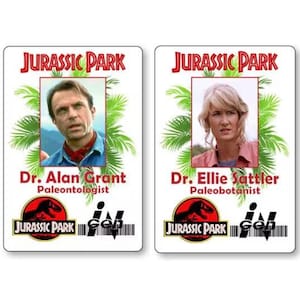JURASSIC PARK Ellie Sattler and Dr Alan Grant Name Badge with pin or magnet Fastener Halloween Costume Cosplay Prop