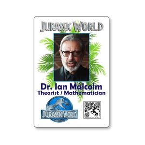 JURASSIC WORLD Dr. Ian Malcolm Name Badge with pin or magnet Fastener Halloween Costume Cosplay Prop