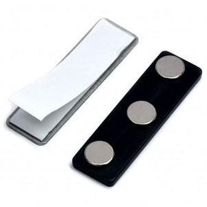 May include: Two magnetic name badge holders. One is a clear plastic piece with a peel-off adhesive strip. The other is a black plastic piece with three silver-colored magnets attached. Both are rectangular and designed for attaching name tags.