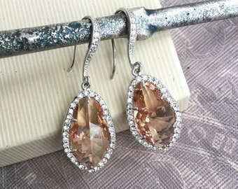 Champagne crystal teardrop statement earrings with cubic zirconia, formal bridal jewelry E219