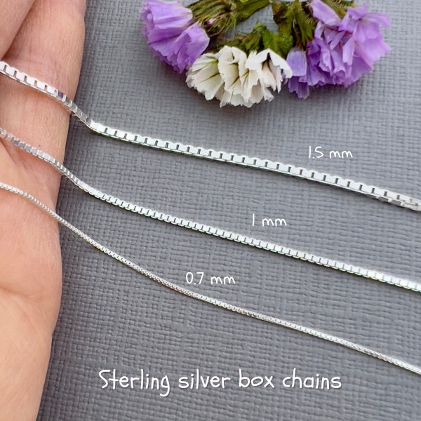 Sterling silver box chain necklace, 1mm, 1.5mm, 0.7mm, spring clasp or lobster clasp, for men or women, small end loop to hang pendant