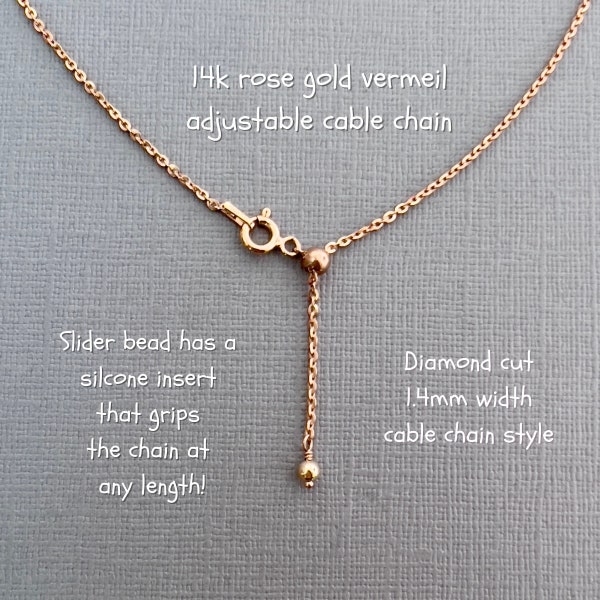 Adjustable chain necklace, rose gold, diamond cut cable, flat cable, rolo, small end loop, slider smart bead clasp, lengths 14 to 30 inches