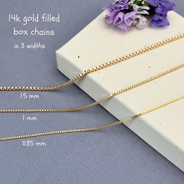 Gold necklace chain, gold chain necklace, box chain 0.85mm, 1mm, 1.5mm 16, 18, 20, 24, 30 inches GF-Box-Chain