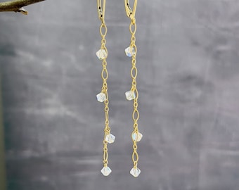 Long Crystal Dangle Earrings, dainty sparkly AB crystals on dangly chain, delicate handmade Boho wedding bridal jewelry N537