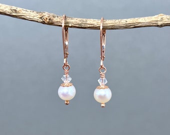 Rose gold filled earrings, small 6mm real pearls w/crystal accents, leverback earrings, bridal wedding jewelry, bridesmaid gift E691R