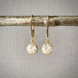Gold filled earrings, cubic zirconia leverback earrings, simulated 6mm, 0.85ct diamond, 14k gold dangle earrings, minimalist jewelry E488G-6
